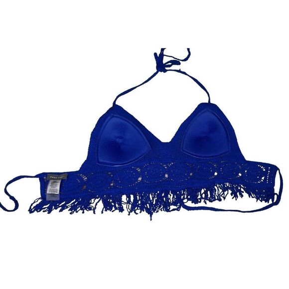 2/$20 Sans Souci‎ Blue Crochet Boho Hippie Cropped Fringe Halter Top sz Small - Picture 4 of 7